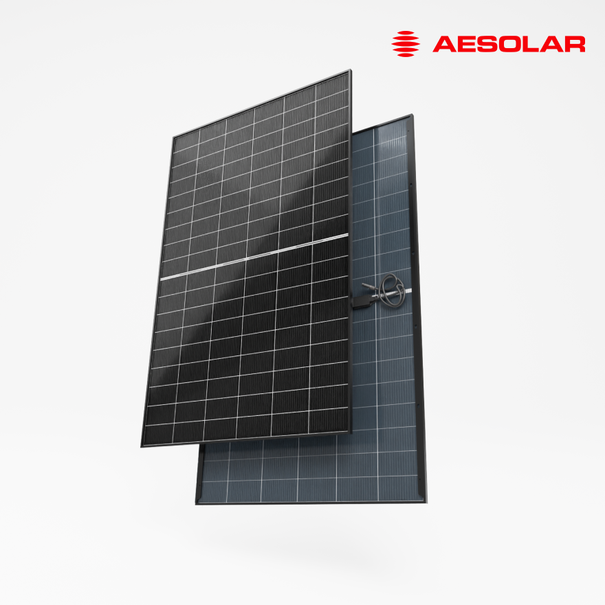 Solar panel with AESOLAR branding on a white background