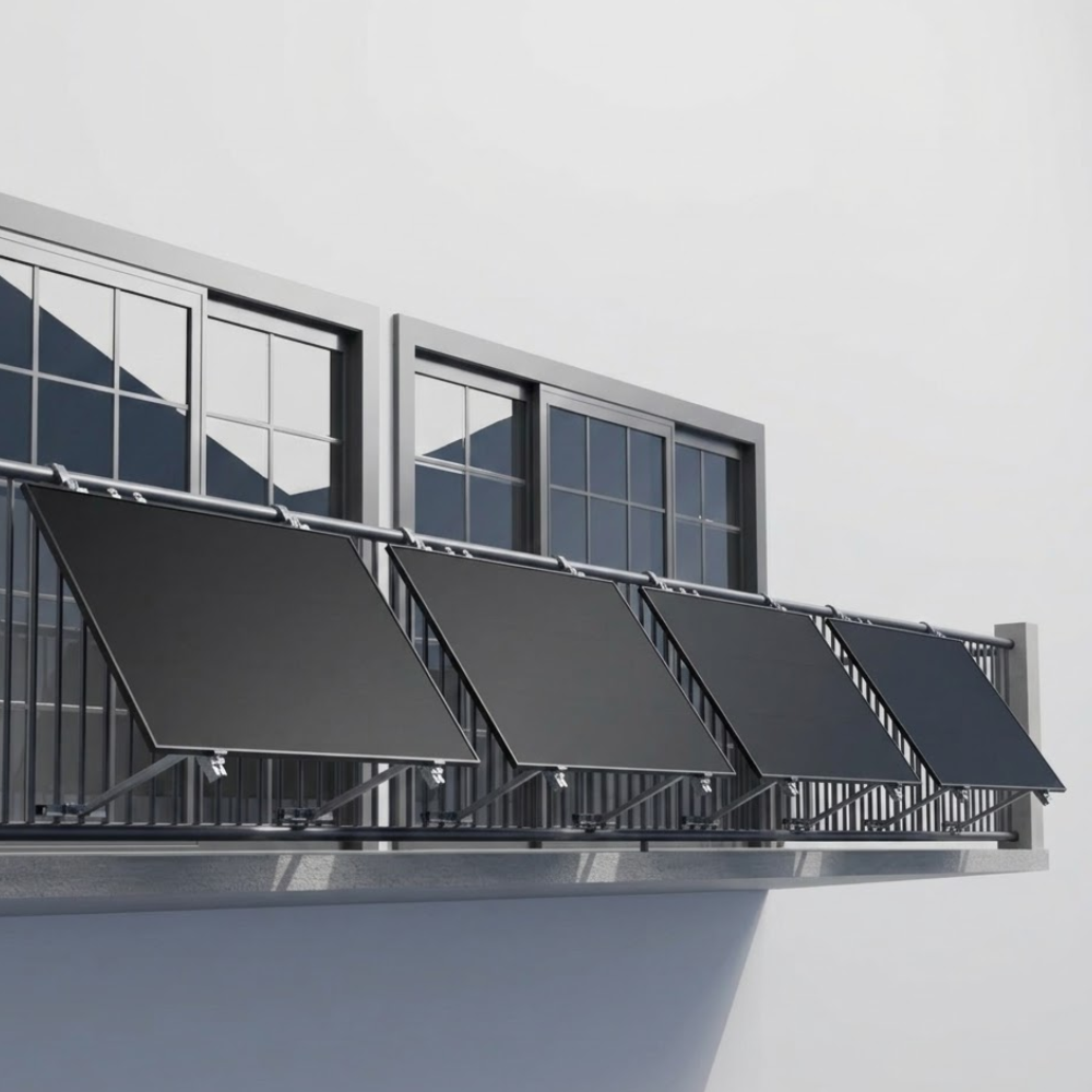 Set of four black solar panels on a balcony building facade.