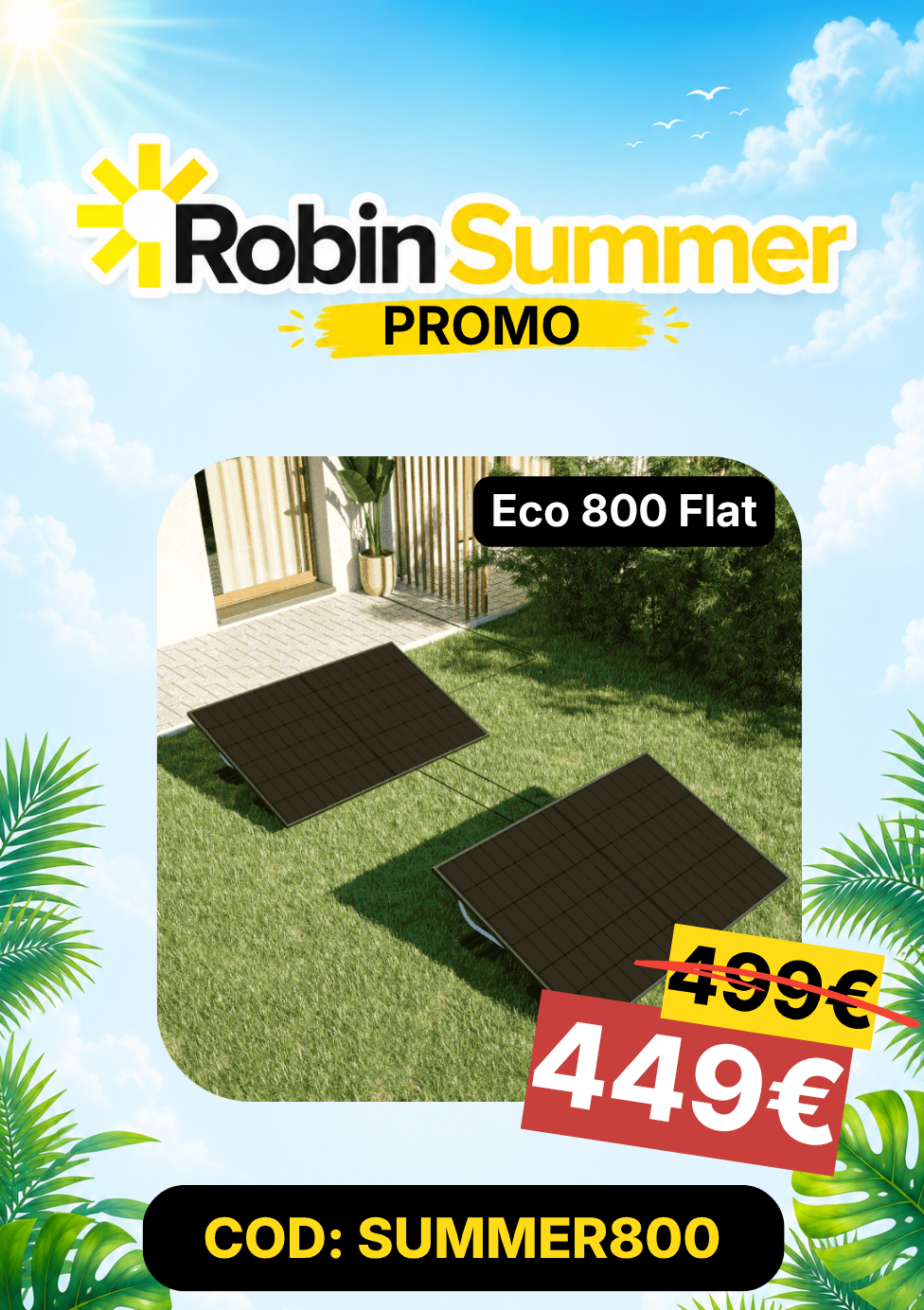 Promotional image of Eco 800 Flat solar panels with Robin Summer branding and pricing.